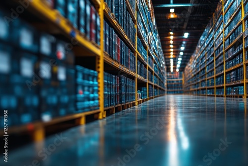 A Vast Warehouse Aisle Filled with Tall, Organized Shelves Displaying Stacked Boxes and Inventory Under Bright Overhead Lighting in an Industrial Setting photo