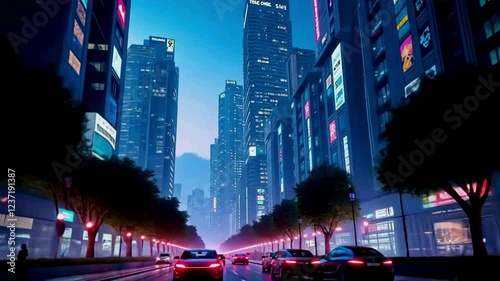 A futuristic cityscape at night, illuminated by neon lights in blue, pink, and purple hues. The streets are filled with autonomous electric vehicles, and pedestrians wear high-tech fashion with augmen