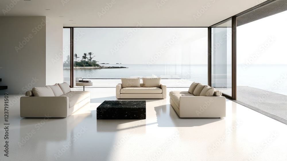 An open living room with expansive windows overlooking a calm sea An open living room with expansive windows overlooking a calm sea