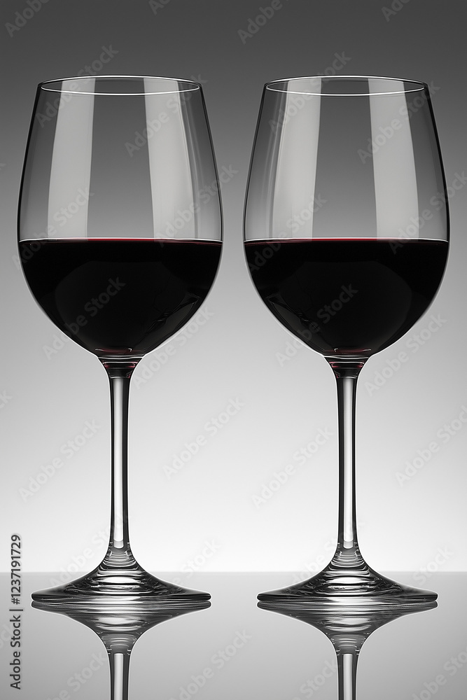 Two wine glasses filled with red wine placed next to each other, reflecting light. Two wine glasses filled with red wine placed next to each other, reflecting light.
