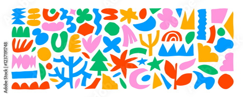 Colorful funky abstract geometric cutout shapes and icons. Hand drawn monochrome primitive and naive organic figures. Flat abstract organic shapes, plants and branches. Doodle contemporary forms.