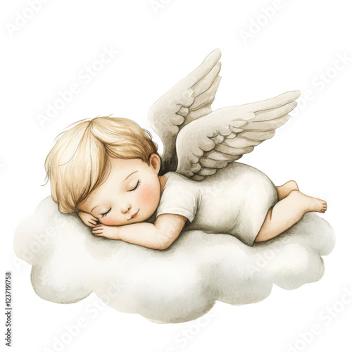 Sleeping caucasian child angel with wings resting on a cloud in serene dreamlike scene isolated png