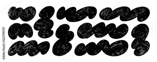 Funky black cloud shapes and organic bubbles drawn by a crayon. Various blotch shapes collection