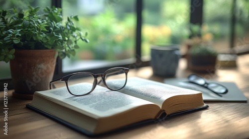 Minimalist workspace with blank books and glasses beside a potted plant during daylight