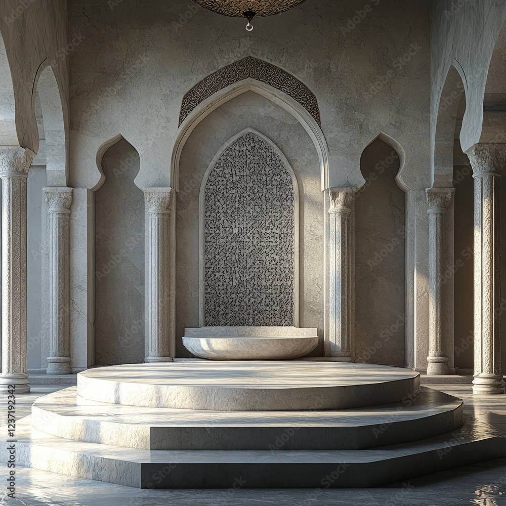 Obraz premium An Eastern-inspired podium for Ramadan, featuring simple stone carvings and a calm, empty atmosphere