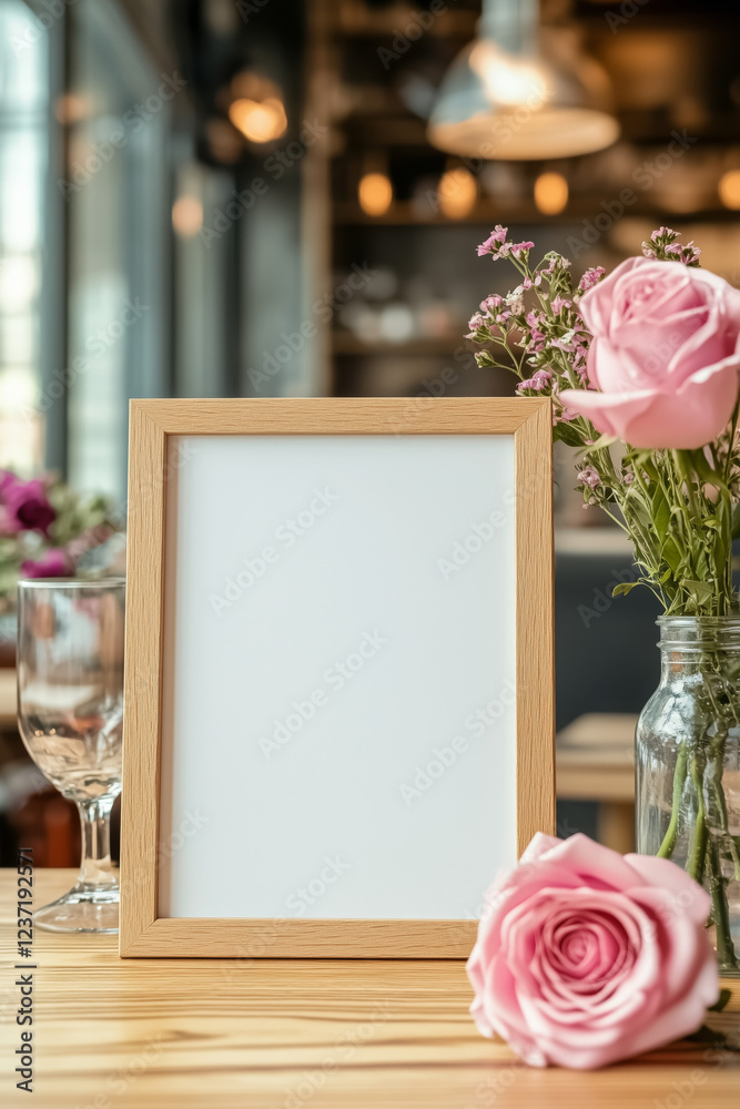Obraz premium Blank wooden frame mockup on an elegant bohemian café or restaurant table with pink pastel roses.