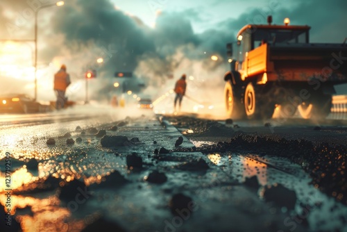 Highway construction crew applying new asphalt with steam rising in dynamic cinematic lighting photo