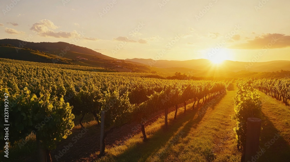 Fototapeta premium An expansive vineyard at sunset with grapevines stretching across rolling hills, Vineyard scene, Natural beauty style