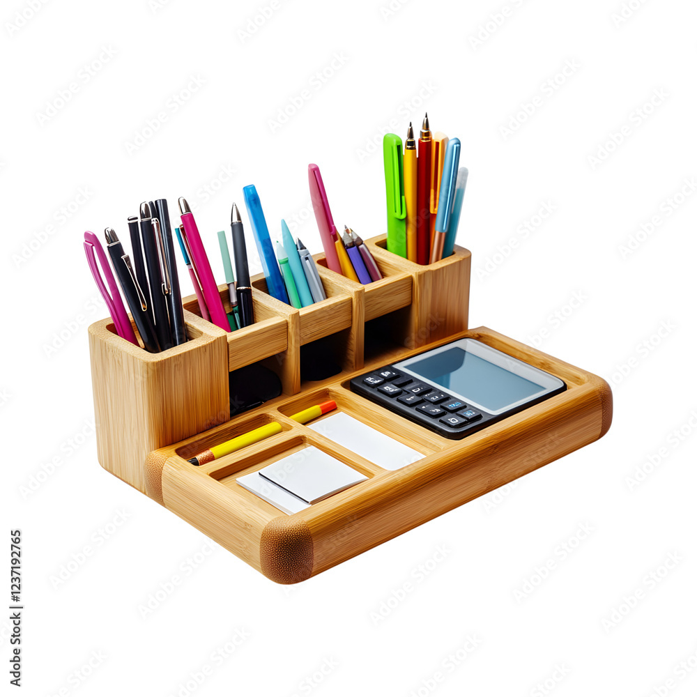Desk Organizer with Sections for Pens and Sticky Notes Isolated on Transparent Background Desk Organizer with Sections for Pens and Sticky Notes Isolated on Transparent Background