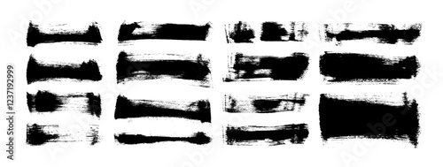 Hand drawn distress damaged edge brush strokes. Straight bold or thick lines with dry texture. Vector paint grunge horizontal lines collection. Vector black ink brush strokes, rectangles and banners.