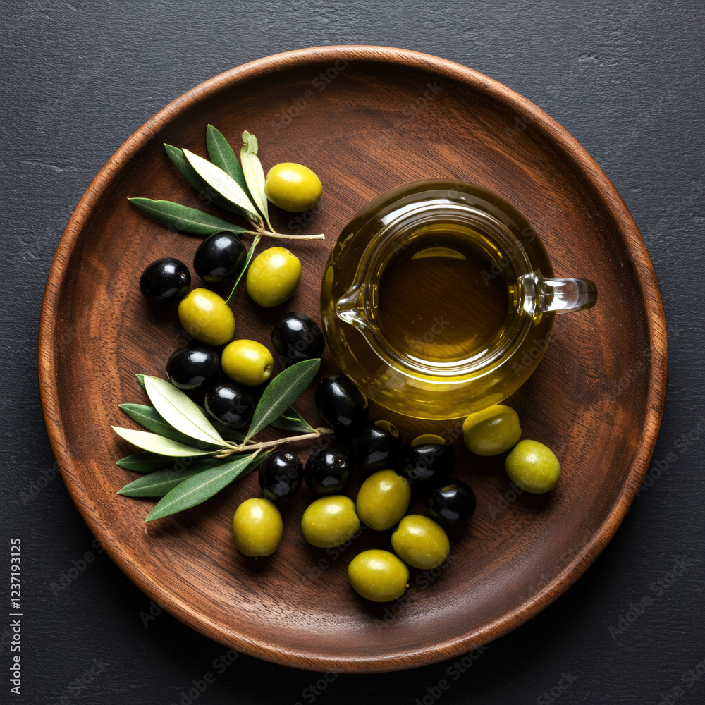 From above glass jar with extra virgin oil placed on wooden plate with black and green olives From above glass jar with extra virgin oil placed on wooden plate with black and green olives