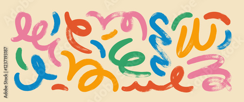 Funky colorful doodle lines, spirals and swirls. Brush drawn vector squiggles for collage and graphic design. Creative abstract grunge brush strokes. Thick calligraphy modern vector smears.