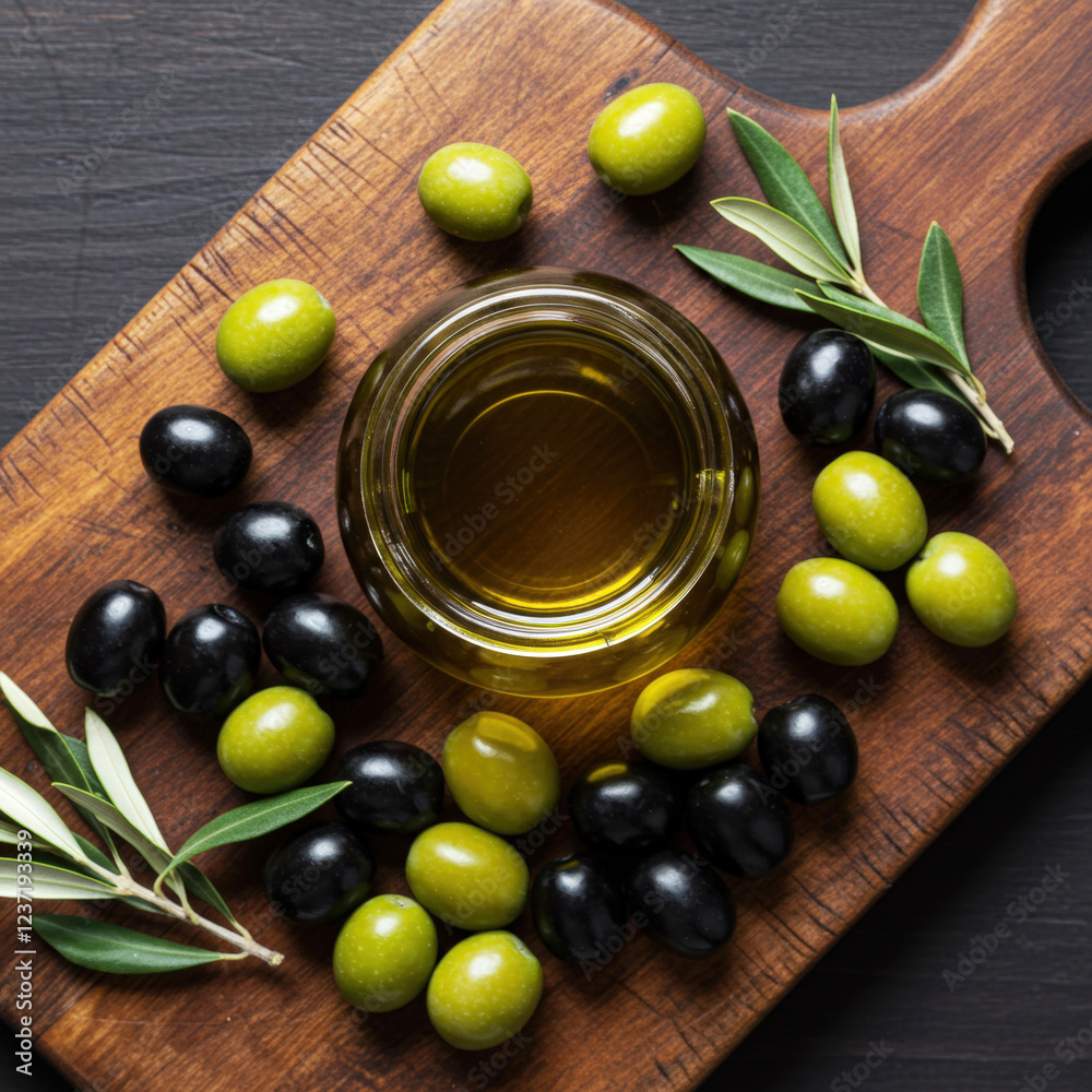 From above glass jar with extra virgin oil placed on wooden plate with black and green olives From above glass jar with extra virgin oil placed on wooden plate with black and green olives