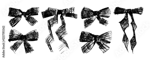 Crayon drawn coquette bows collection. Vector ink illustration of girly ribbons. Trendy sketch bows with stripes pattern. Hand drawn knots, gift bold ribbons. Various braiding accessory illustration.