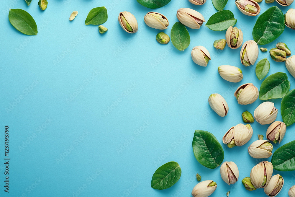 Φωτογραφία A vibrant arrangement of pistachio nuts and green leaves on a light blue background, showcasing the natural textures and colors of the nuts and foliage