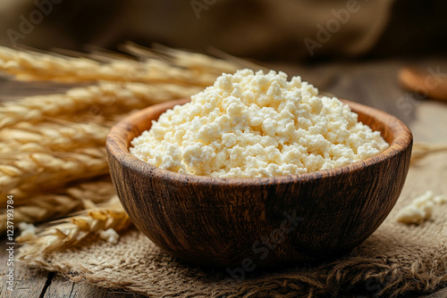 A rustic wooden bowl filled with fresh cottage cheese, placed on a burlap cloth. In the background, golden wheat stalks add a natural touch to the scene, enhancing the organic feel. photo