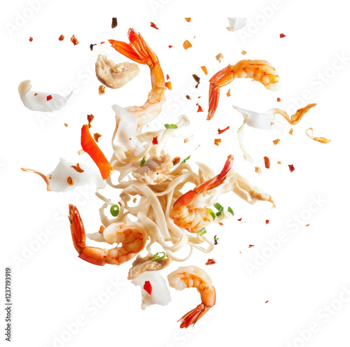 Fototapeta Naklejka Na Ścianę i Meble -  Delicious shrimp and noodles with spices in motion isolated on transparent background