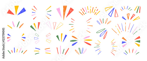 Colorful crayon drawn attention symbols, doodle expression signs, simple sketch line emphasis. Doodle shine sunburst sparkle ray elements. Cute funky elements for express emotion, movement, attention.