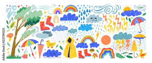 Multi colored crayon drawn childish icons. Clouds, rainy weather stickers, umbrellas, rainbow, forest elements. Naive funky symbols drawn by crayon, pencil or chalk. Cute cartoon illustration.