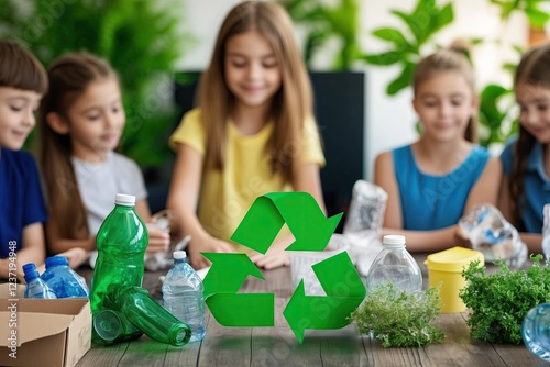 Smiling children sorting plastic bottles and other recyclable materials. Eco-friendly education promoting recycling, sustainability, and environmental responsibility.

