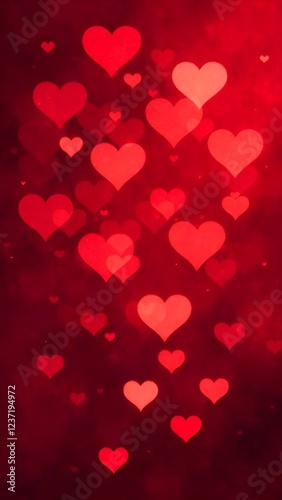 Blured red romantic vertical  background with bokeh hearts for Valentine's day	