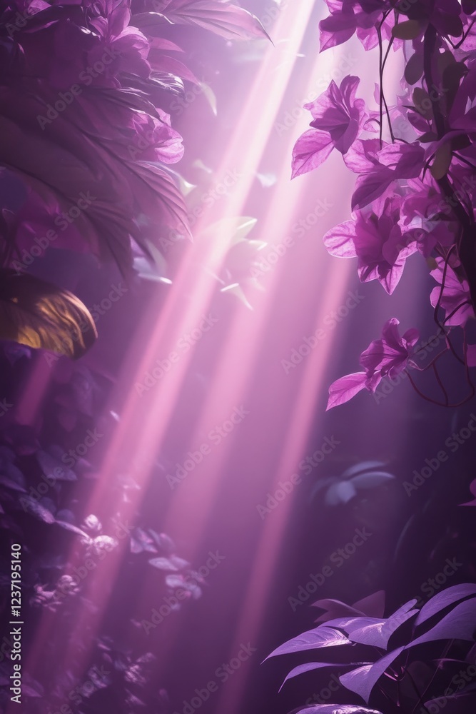 Fototapeta premium Purple light shines through a forest filled with vibrant flowers at dawn