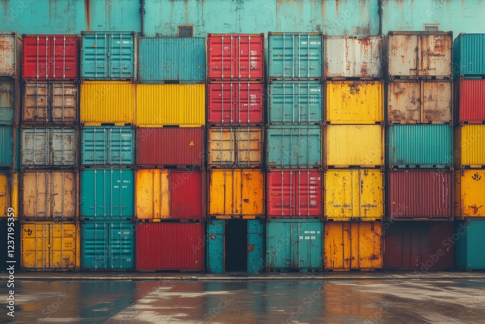 Fototapeta premium Vibrant Cargo Ship Laden with Colorful Shipping Containers at Port Waiting for Departure Under Clear Skies