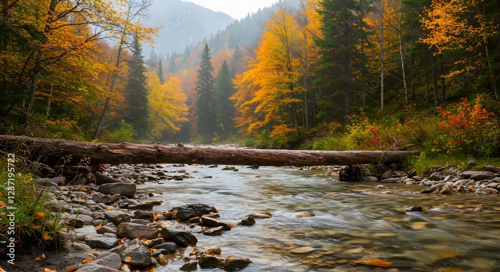 Autumn River Scene with Fallen Log and Colorful Trees Autumn River Scene with Fallen Log and Colorful Trees