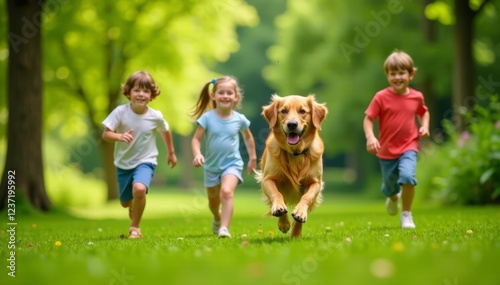 Four smiling children and playful golden retriever run around in lush green summer backyard with flying disc, outdoors, joy, outdoor play