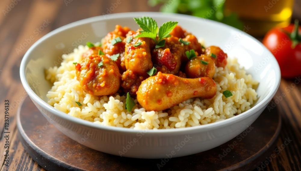 Fragrant basmati rice and spicy chicken jalfrezi served in a white ceramic bowl , spices, ceramic, basmati rice Fragrant basmati rice and spicy chicken jalfrezi served in a white ceramic bowl , spices, ceramic, basmati rice