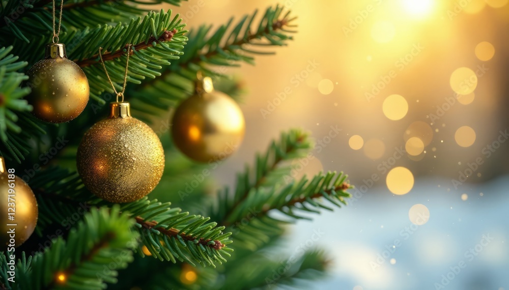 Obraz premium fir branches with gold balls and snowflakes against golden light background, sparkles, balls, light