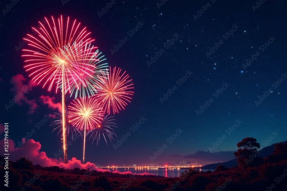 Fireworks exploding in the night sky with vibrant colors and patterns , fireworks, sparkles, pyrotechnics Fireworks exploding in the night sky with vibrant colors and patterns , fireworks, sparkles, pyrotechnics