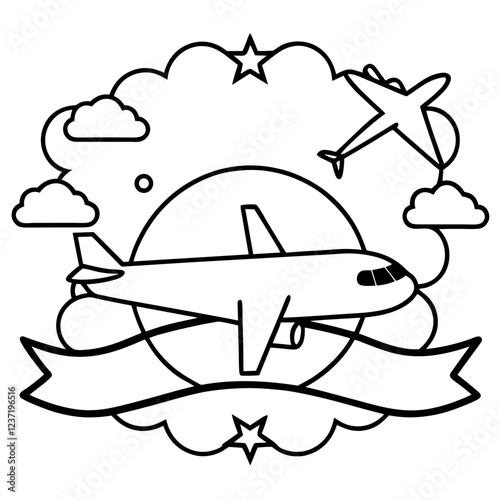 Coloring. Airplane flying in the sky with clouds and stars