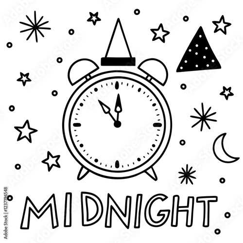 Coloring. Clock showing midnight against starry background