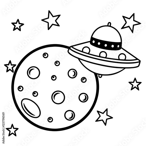 Coloring. UFO flying above the moon with stars in the background