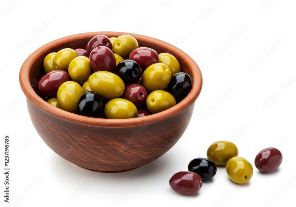 Green, red and black olives in bowl isolated on white background Green, red and black olives in bowl isolated on white background