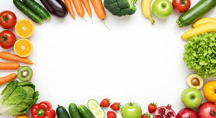 Fresh Fruit and Vegetable Border White Background
