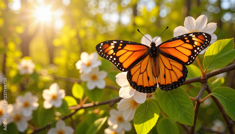 Majestic butterfly perched on blooming branch at dawn, spring awakening Majestic butterfly perched on blooming branch at dawn, spring awakening