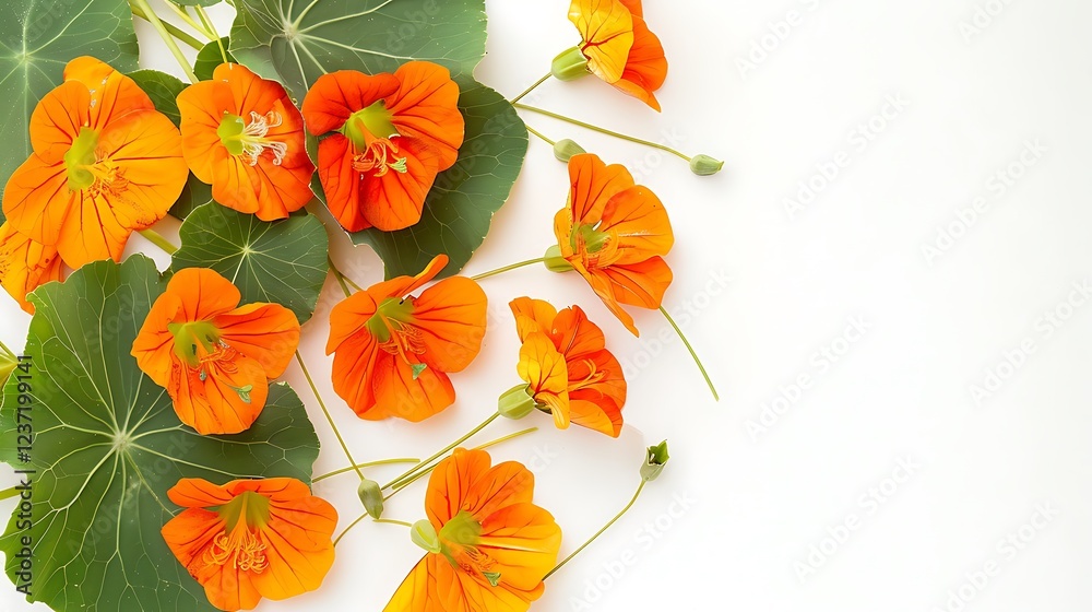 A freshly picked orange nasturtium flower on a white background A freshly picked orange nasturtium flower on a white background