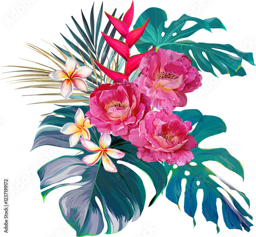 Vector bouquet of flowers. Roses, peonies, rose hips, foliage, bright summer flowers. Rose, peony