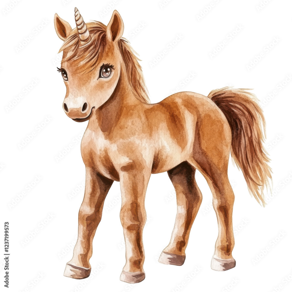 Obraz premium Brown watercolor unicorn with horn and flowing mane on transparent background isolated png