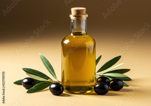 Olive oil with fresh olives and leaves