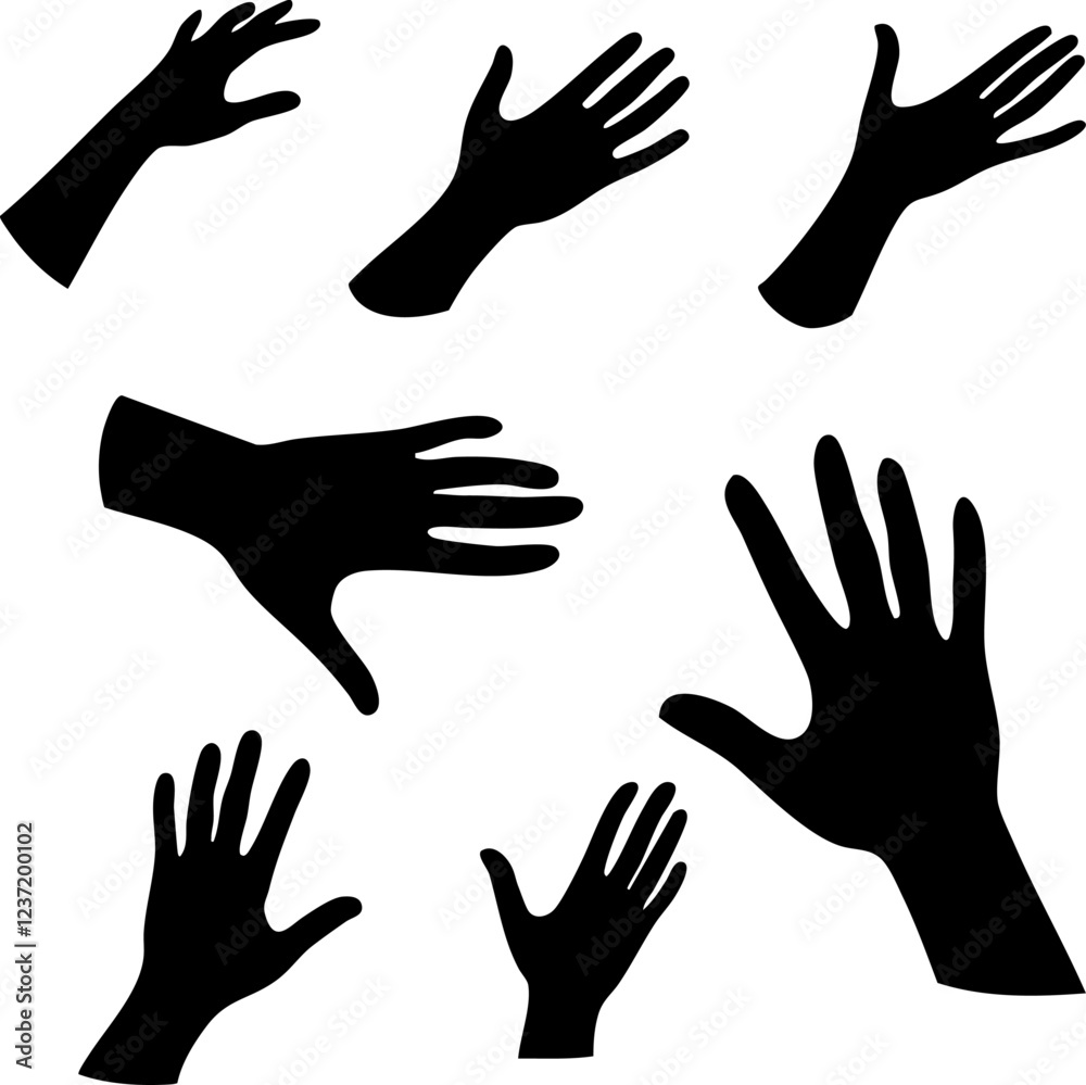 Elegant Illustration of Silhouettes of Hands in Various Pose Monochrome Art in High Detail, Sketch, No Background