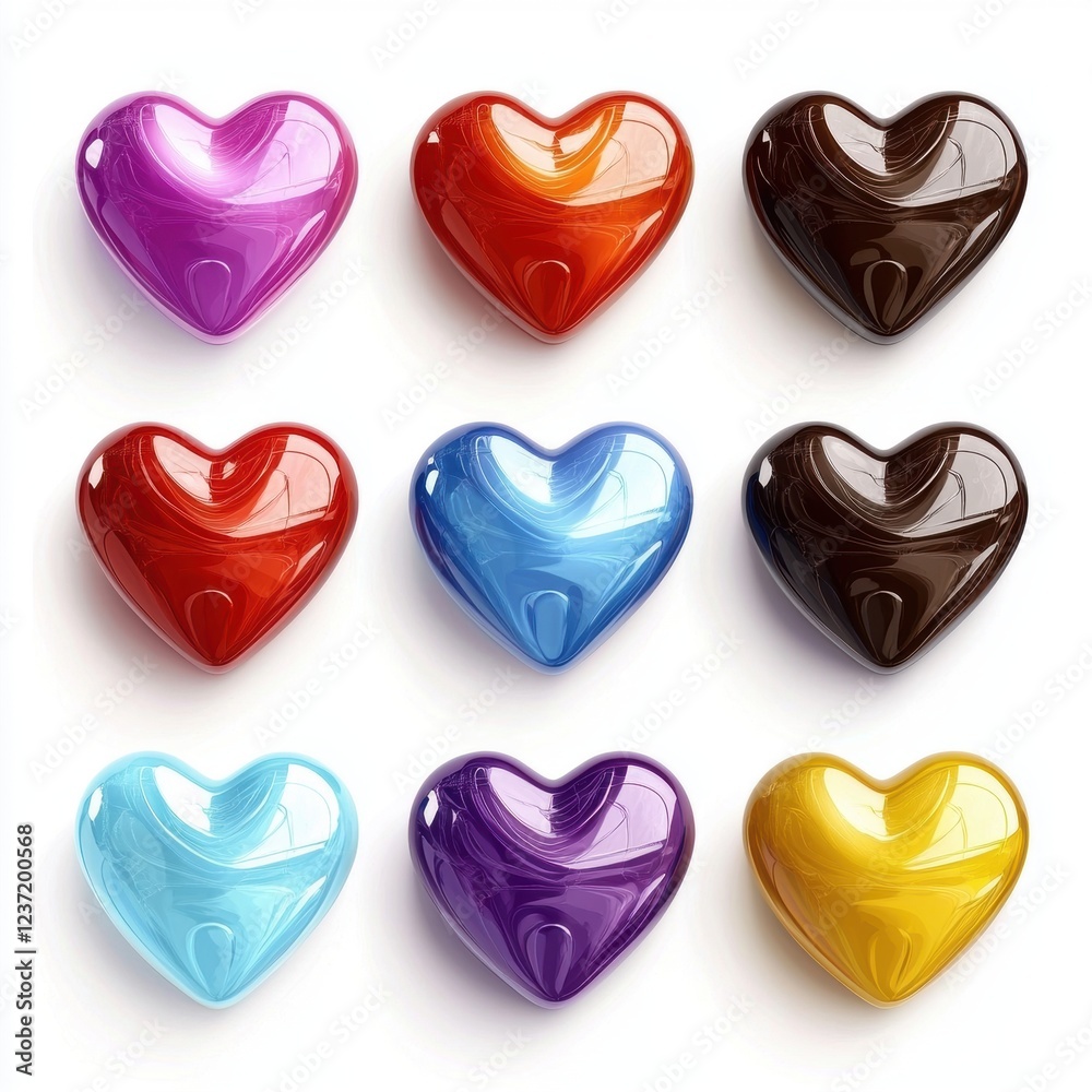 Fototapeta premium glossy heart-shaped candies in various colors, isolated on a white background for Saint Valentines Day