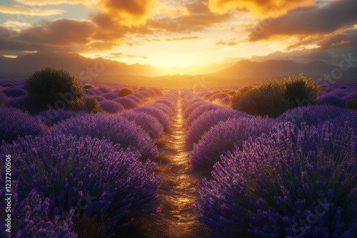 Golden Hour Lavender Field A Serene Sunset Landscape
