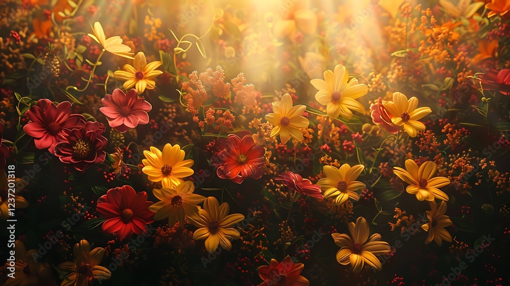 A lively wall of radiant yellow, red, and orange flowers shining in sunlight A lively wall of radiant yellow, red, and orange flowers shining in sunlight