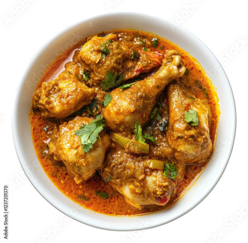 Juicy chicken curry with aromatic spices and herbs isolated on transparent background
