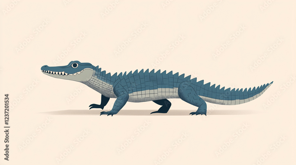 Naklejka premium Minimalist cartoon-style illustration of a crocodile standing on a neutral background with a playful design and simple artistic details