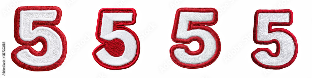 Number 5, made of Patch White on Red Felt, logotype, Five isolated on a transparent background