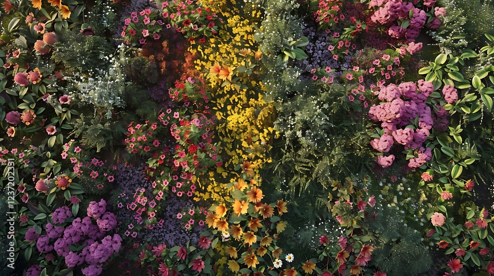 A nature-inspired wall filled with colorful garden blooms in a symmetrical design A nature-inspired wall filled with colorful garden blooms in a symmetrical design